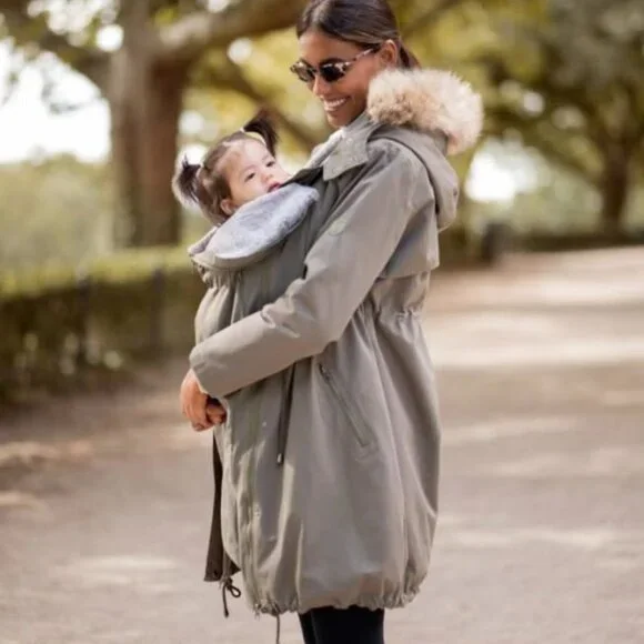Maternity and baby-wearing coat: Khaki 3 in 1 Winter Maternity Parka - Picture 3 of 4